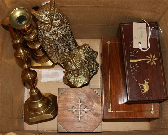 Victorian copper warming pan, a pair of candlesticks, an owl and 3 boxes, various